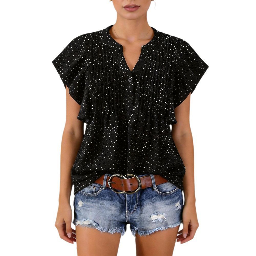 Women's Polka Dot Ruffle Short Sleeve Blouse V Neck Pleated Casual Cute Top
