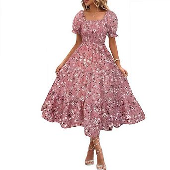 Women's Smocked Midi Dress Summer Casual Square Neck Puffy Short Sleeve Tiered Ruffle Dresses