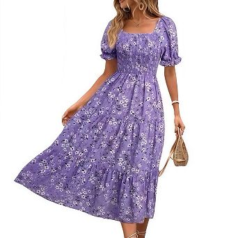 Women's Smocked Midi Dress Summer Casual Square Neck Puffy Short Sleeve Tiered Ruffle Dresses