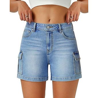 Womens Cargo High Waisted Microelastic Straight Leg Long Denim Shorts