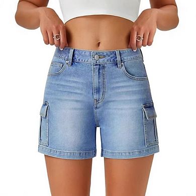 Womens Cargo High Waisted Microelastic Straight Leg Long Denim Shorts