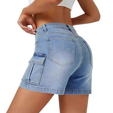 Womens Cargo High Waisted Microelastic Straight Leg Long Denim Shorts