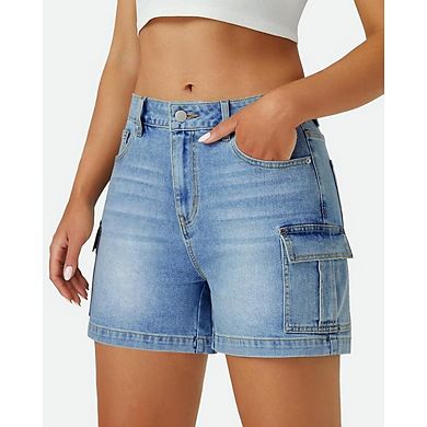 Womens Cargo High Waisted Microelastic Straight Leg Long Denim Shorts