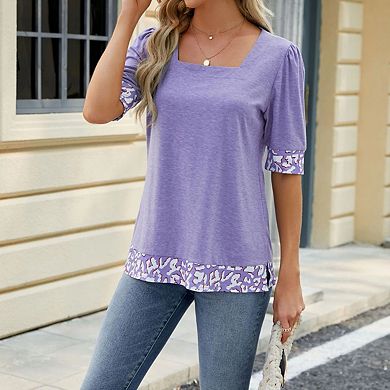 Womens Square Neck Tunic Tops Short Puff Sleeve t Shirts Summer Casual Patchwork Loose Blouses