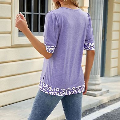 Womens Square Neck Tunic Tops Short Puff Sleeve t Shirts Summer Casual Patchwork Loose Blouses