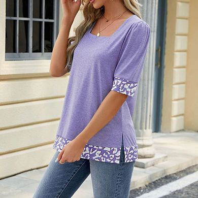 Womens Square Neck Tunic Tops Short Puff Sleeve t Shirts Summer Casual Patchwork Loose Blouses