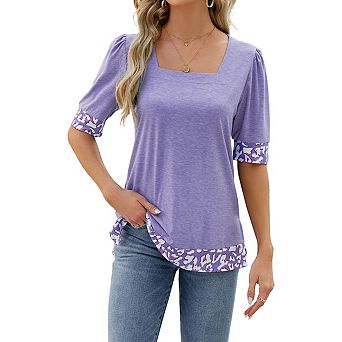 Womens Square Neck Tunic Tops Short Puff Sleeve t Shirts Summer Casual Patchwork Loose Blouses
