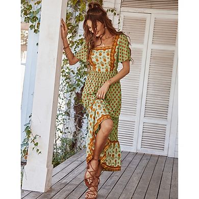 Women's Printed Square Neck Fashionable Beach Party Flowy Ruffled Midi Dress