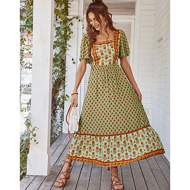Women's Printed Square Neck Fashionable Beach Party Flowy Ruffled Midi Dress