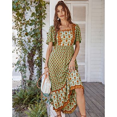 Women's Printed Square Neck Fashionable Beach Party Flowy Ruffled Midi Dress