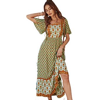 Women's Printed Square Neck Fashionable Beach Party Flowy Ruffled Midi Dress