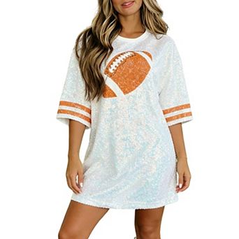 Women's Sequin Football Game Day T-Shirt Dress, Oversized Glittery Jersey for Sports Events