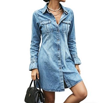 Women's Long Sleeve Denim Shirt Dress, Button Down Drape Cuff Mini Dress for Casual & Streetwear