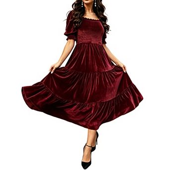 Women's Smocked Tiered Midi Dress, Puff Sleeve Square Neck Dress for Holiday & Party Events