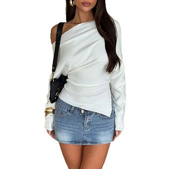 Women's Asymmetrical Off-Shoulder Long Sleeve Top Irregular Hem Slim-Fit Knit Blouse