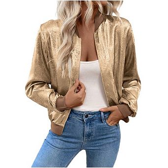 Women's Metallic Bomber Jacket, Long Sleeve Zip Up Casual Shiny Outerwear