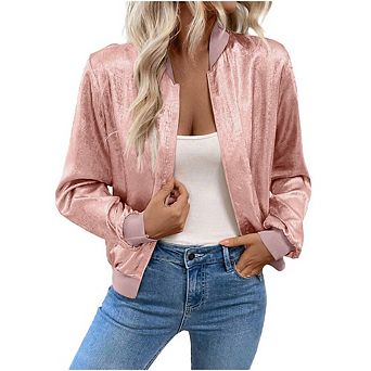 Women's Metallic Bomber Jacket, Long Sleeve Zip Up Casual Shiny Outerwear