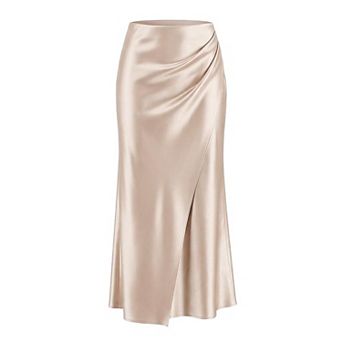 Women's High Waist Satin Midi Skirt, Ruched Wrap Hem Silk-Like Skirt for Evening Events