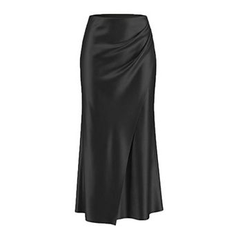 Women's High Waist Satin Midi Skirt, Ruched Wrap Hem Silk-Like Skirt for Evening Events