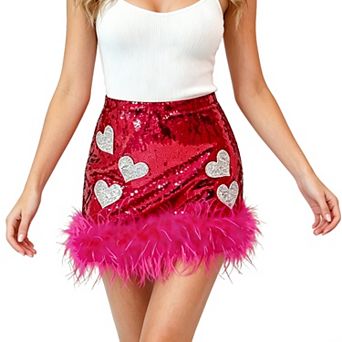 Women's Sequin Heart Mini Skirt, Fringe Trim High Waist Skirt for Party & Club Events