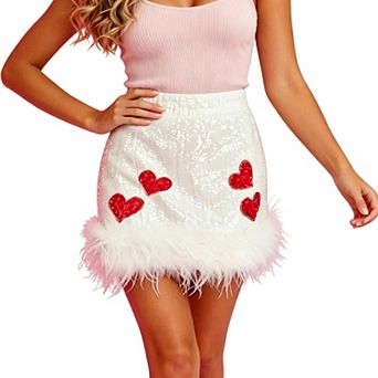 Women's Sequin Heart Mini Skirt, Fringe Trim High Waist Skirt for Party & Club Events