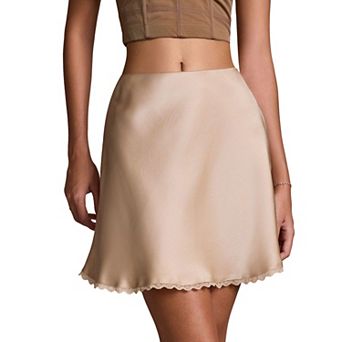 Women's Satin Lace Trim Mini Skirt, High Waist Silk-Like A-Line Skirt for Casual & Dressy Wear