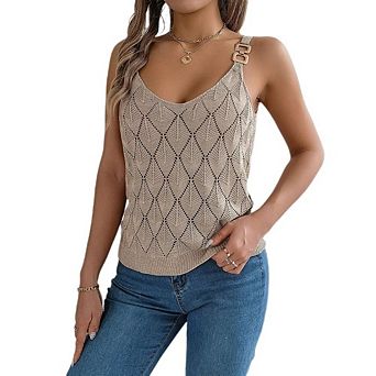 Women's Crochet Knit Cami Top, V-Neck Hollow Out Tank with Metal Buckle Straps
