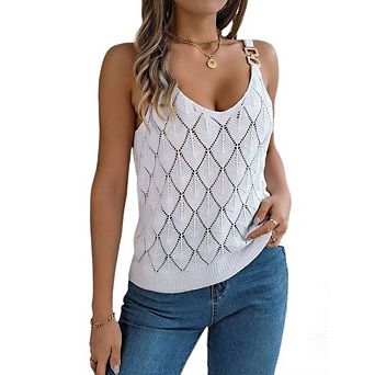 Women's Crochet Knit Cami Top, V-Neck Hollow Out Tank with Metal Buckle Straps