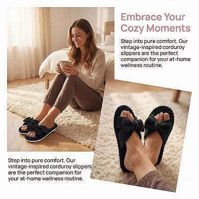 Women's Cozy Soft Bow Open Toe Corduroy Crossbands Slippers