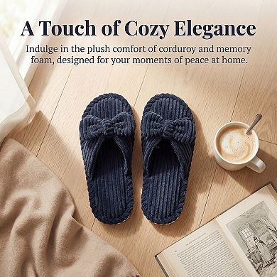 Women's Cozy Soft Bow Open Toe Corduroy Crossbands Slippers