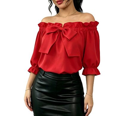 Women's Off-Shoulder Blouse with Bow, Ruffled Puff Sleeve Top for Parties