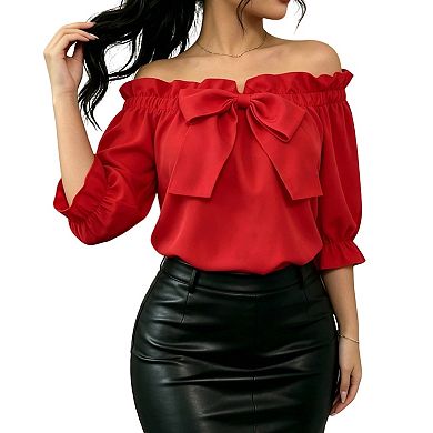 Women's Off-Shoulder Blouse with Bow, Ruffled Puff Sleeve Top for Parties