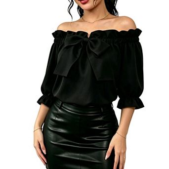 Women's Off-Shoulder Blouse with Bow, Ruffled Puff Sleeve Top for Parties