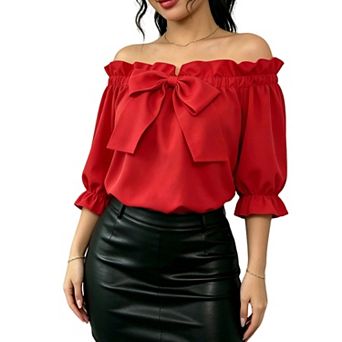 Women's Off-Shoulder Blouse with Bow, Ruffled Puff Sleeve Top for Parties