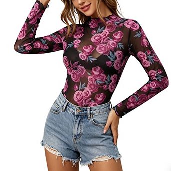 Women's Floral Print Sheer Mesh Top, Long Sleeve High Neck Form-Fitting Blouse