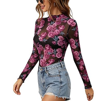 Women's Floral Print Sheer Mesh Top, Long Sleeve High Neck Form-Fitting Blouse