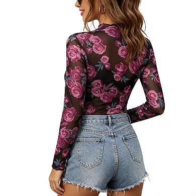 Women's Floral Print Sheer Mesh Top, Long Sleeve High Neck Form-Fitting Blouse