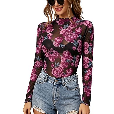 Women's Floral Print Sheer Mesh Top, Long Sleeve High Neck Form-Fitting Blouse