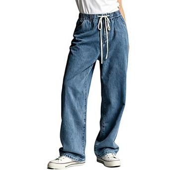 Men's Elastic Waist Drawstring Loose Wide Leg Denim Pants, Casual Baggy Jeans for Streetwear