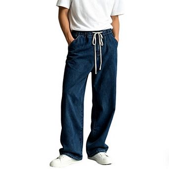 Men's Elastic Waist Drawstring Loose Wide Leg Denim Pants, Casual Baggy Jeans for Streetwear