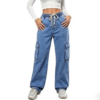 Women's Elastic Waist Drawstring Cargo Jeans, Loose Wide Leg Denim Pants with Pockets