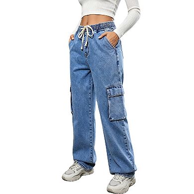 Women's Elastic Waist Drawstring Cargo Jeans, Loose Wide Leg Denim Pants with Pockets