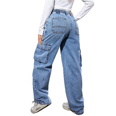 Women's Elastic Waist Drawstring Cargo Jeans, Loose Wide Leg Denim Pants with Pockets
