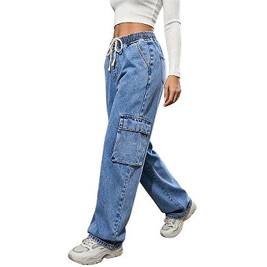 Women's Elastic Waist Drawstring Cargo Jeans, Loose Wide Leg Denim Pants with Pockets