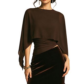 Women's Chiffon Capelet Blouse, Layered Cape Overlay Top with Asymmetric Hem
