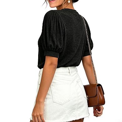 Women's Puff Sleeve Knit Top, Round Neck Pleated Short Sleeve Casual Blouse