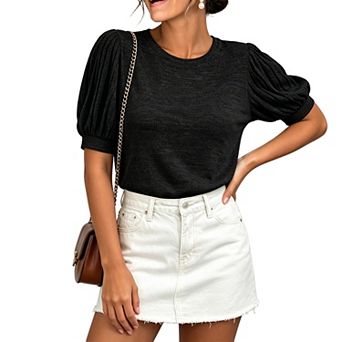 Women's Puff Sleeve Knit Top, Round Neck Pleated Short Sleeve Casual Blouse