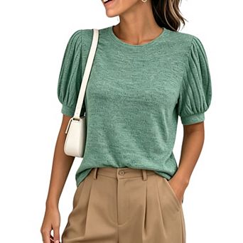Women's Puff Sleeve Knit Top, Round Neck Pleated Short Sleeve Casual Blouse