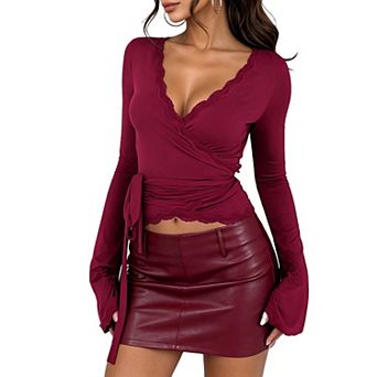 Women's Lace Trim Wrap Crop Top, Long Sleeve Drape Cuff Blouse with Waist Tie