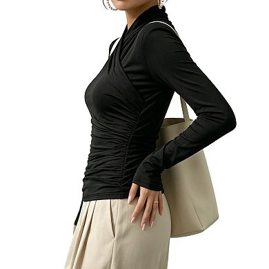 Women's Ruched Wrap Neck Top, Long Sleeve Form-Fitting Blouse for Casual Chic Style